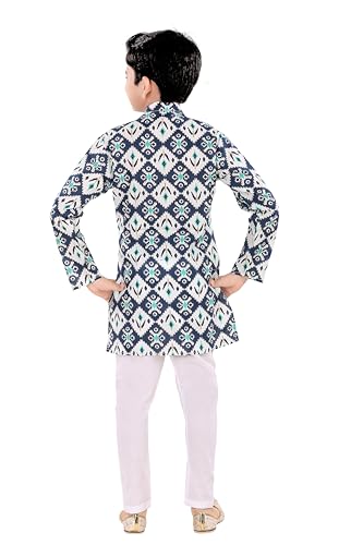 Image of TinySteps Boys Cotton Kurta Pajama | Traditional Ethnic Wear Pure Cotton Printed Kurta With Elastic Waist White Pajama