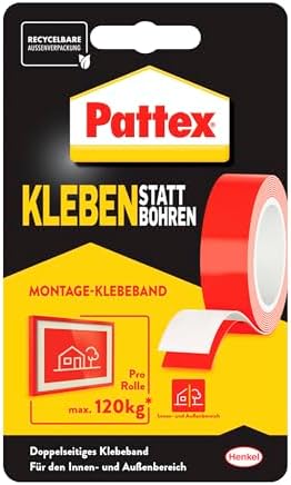 Pattex Kleben statt Bohren Klebeband, doppelseitig, Weiß, 19mm x 1,5m | Trägt bis zu 120kg, wasserfest und witterungsbeständig, für Metall und Holz, innen & außen einsetzbar