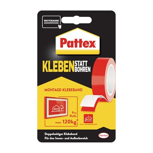 Pattex Kleben statt Bohren Klebeband, extra starkes doppelseitiges Klebeband, Doppelklebeband für Montagearbeiten innen & außen, Wandbefestigung ohne Bohren, 19mm x 1,5m