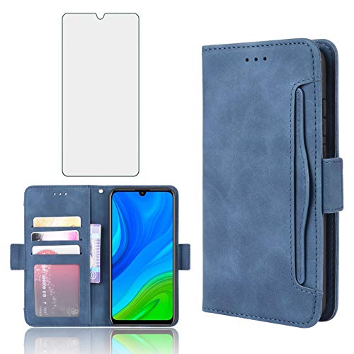 Asuwish Compatible with P Smart 2020 Wallet Case Tempered Glass Screen Protector and Leather Flip Card Holder Stand Kickstand Shockproof Cell Accessories Phone Cases for PSmart Women Men Blue
