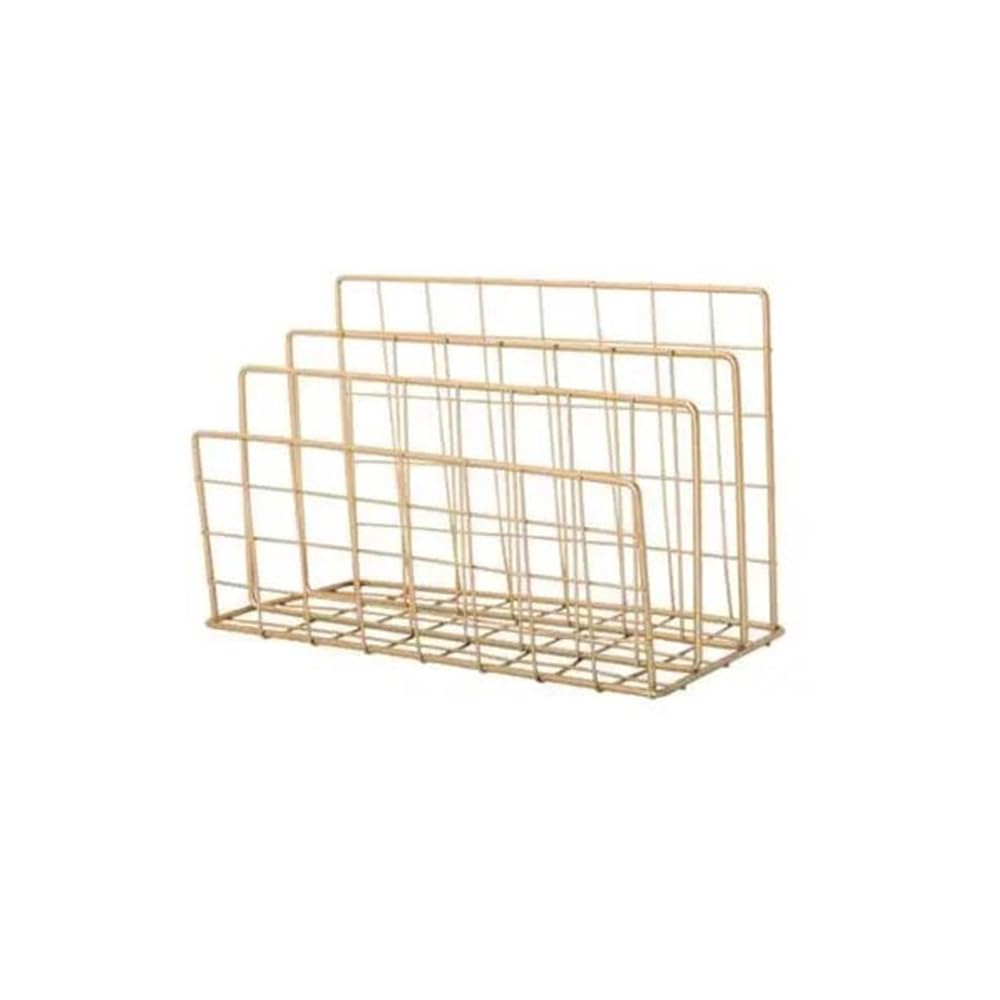 J9V4G6S3B5 Desktop File Rack 3 Grid Metal Minimalist Storage Basket Office Desktop Sundries Holder Rack Magazine(Gold)