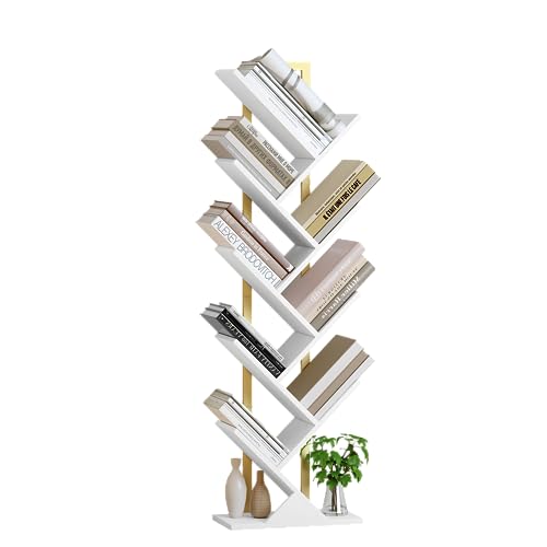 Yusong Tree Bookshelf, Geometric Bookcase with Steel Pipe for Living Room Bedroom, Floor Standing Books Shelves for Home Office (Gold and White)