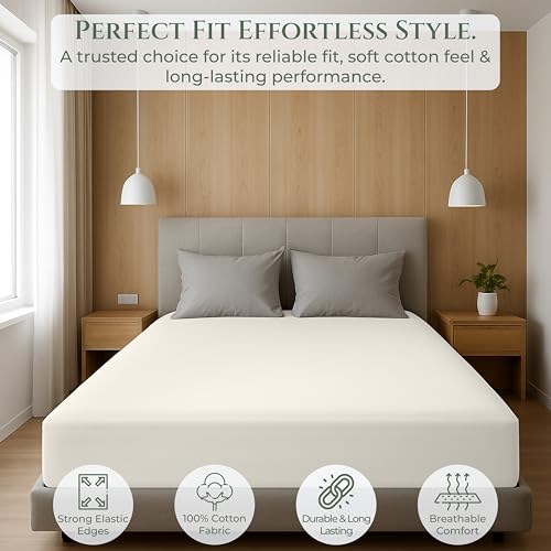 Image of Royale Linens 100% Organic Cotton King Fitted Sheet Only - Percale Weave - Super Soft Deep Pocket Bottom Sheets - Ivory Elastic Sheet - King Size Fitted Sheets Only - (78 inchx80 inch+15 inch, Ivory)