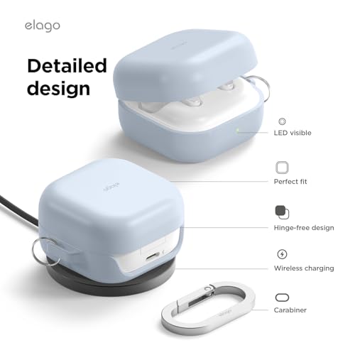 Image of elago Premium Silicone Case with Carabiner, Compatible with Samsung Galaxy Buds 4 Pro Case & Galaxy Buds 4 Case, Full Protection, Wireless Charging, Headphone Accessories, for Men, Women (Light Blue)