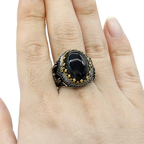 Qida Natural Agate Ring for Men S925 Sterling Silver Black Agate Stone Ring Vintage Castle Men's Ring Gothic Style Unique Hand Ring