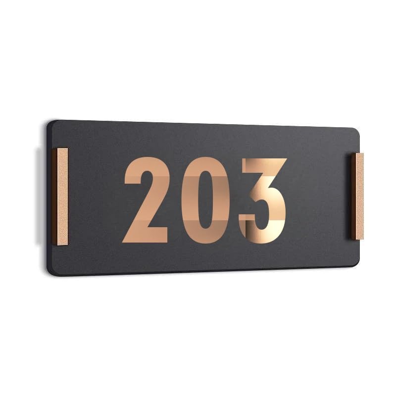 Image of HOTEL ROOM NUMBER PLATES - 203| Black acrylic board fixed mirror gold number | Easy installation type double sided tape fixed on backside
