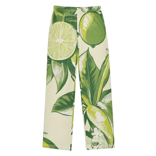 Lime and Floral Boys Long Pants Soft Trousers Elastic Waist Kids Lounge Bottoms with Pockets S-XL