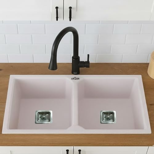 Image of ARQUIN Double Bowl Quartz Kitchen Sink 45x20x9 Inch Rosa | Durable & Scratch-Resistant Sink | Undermount,Topmount | Including Coupling,Sink Connector,Waste Pipe & Fruit Washing Basket