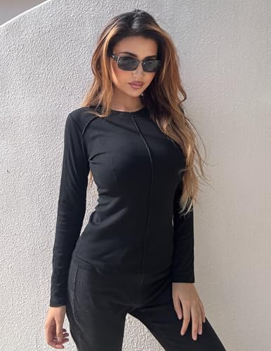 Image of Kate Kasin Fall Women Fitted Long Sleeve Shirt, Ribbed Knit Crewneck Top