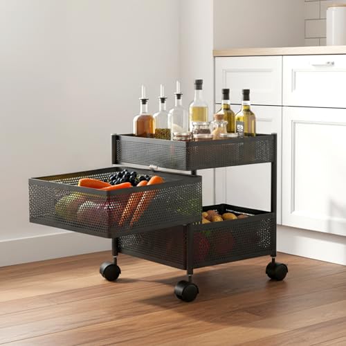 Image of BonKaso 3-Layer Multipurpose Kitchen Trolley with Swivel Storage Basket & 360 Rotating Wheels, Black Steel Frame, Easy Mobility, Space-Saving and Durable