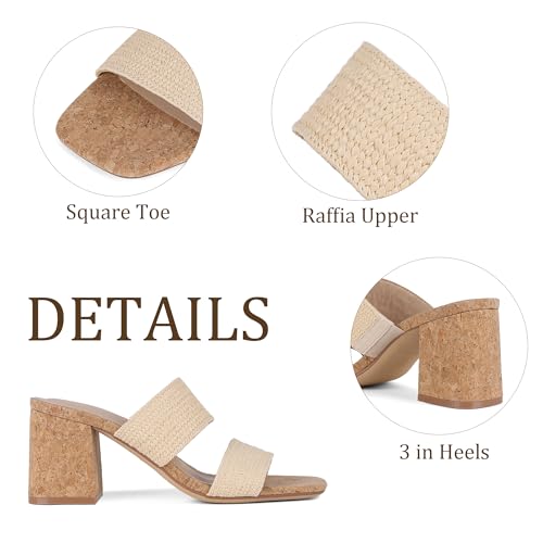 Image of Ancomafio Heeled Sandals for Women Raffia Sandals 2025 Chunky Block Heels Square Open Toe Heels Double Strap Summer Dressy Shoes Slip On