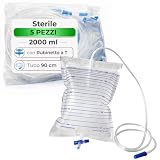 Sacca urina monouso Sterile 2000ml con rubinetto a T e tubo di drenaggio – Con Scala Graduata (confezione da 5 pezzi) | Sacca per catetere urinario con valvola antireflusso
