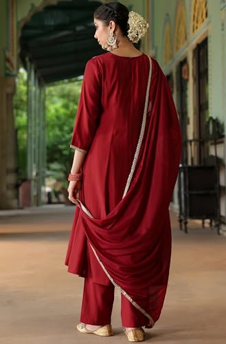 Image of Janasya Women's Maroon Chanderi Silk Embroidered Anarkali Kurta Set