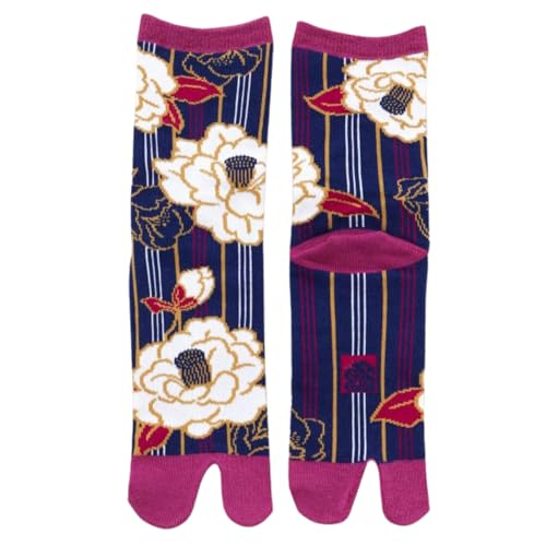 [倭物や Kaya] Tabi - Socks - Striped Camellia/Japanese Socks Classical Designed 7JKP0104 23-25cm NAVY