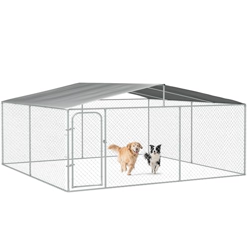 PawHut Large Dog Kennel Outside, Heavy Duty Dog Run Outdoor Fence with Waterproof Cover, Galvanized Chain Link, Secure Lock, 15' x 15' x 7.5'