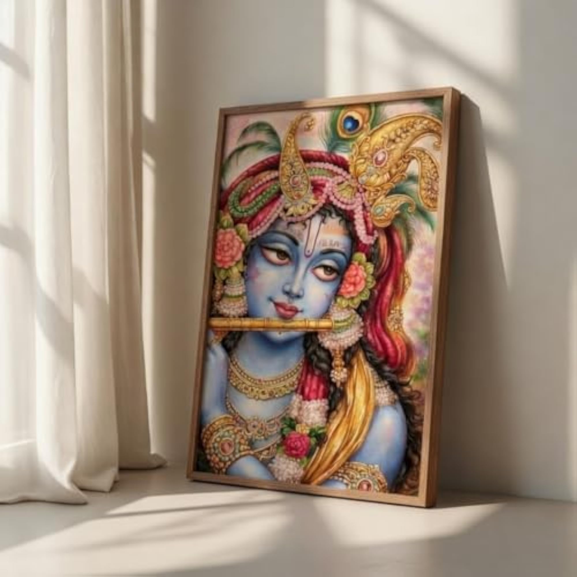 Lord Krishna Flute Wall Art with Wooden Frame