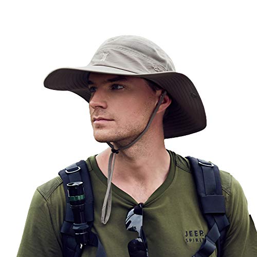 Cooltto Chapeau de Soleil Anti-UV UPF 50+ Chapeau de Pêche pour l'Extérieur Casquette de pêche à 9cm Large Bord Respirant Séchage Rapide pour Camping Randonnée Safari -Kaki Foncé Cover