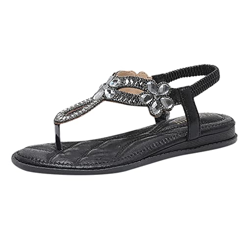 Sandalias de verano para mujer, sandalias elegantes con diamantes de imitación y elásticas, sandalias bohemias para el tiempo libre, sandalias planas con purpurina, zapatos de playa, sandalias de