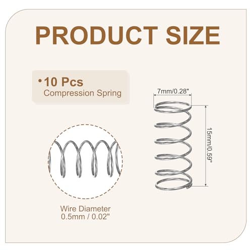QUARKZMAN 10 Stück 304 Edelstahl Druckfeder 0,5 mm Drahtdurch. 7 mm Außendurch. 15 mm Länge Silber Spiralfeder Metall Federn Set, Mechanische Druckfedern für Geräte Ersatz Reparatur