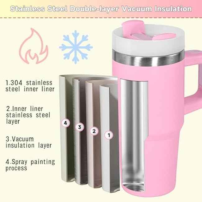 14 oz Tumbler with Handle and Straw, 1 Pack, Stainless Steel | Vacuum Insulated | Keep Cold Heat and Ice | Gifts | Pink