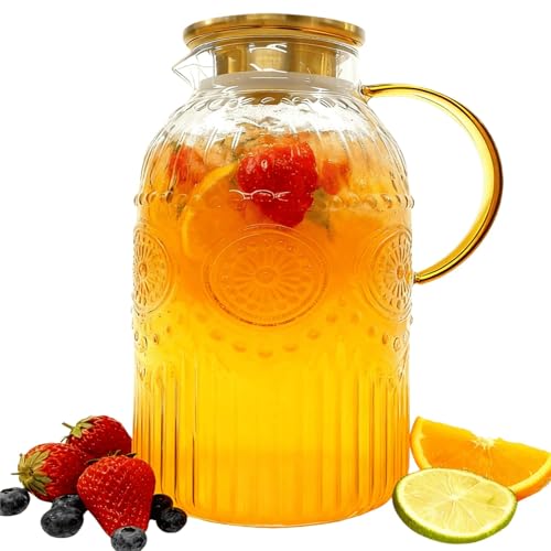 Image of Amzcku Glass Pitcher with Lid, 1 Gallon /128 oz Vintage Water Pitcher,Water Carafe for Cold Brew, Coffee, Lemonade, Iced Tea,Beverage, Heat Resistant Water Glass Jug 1Pack
