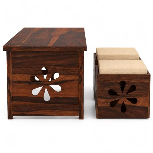 Image of Solid Sheesham Wooden Coffee Table With 2 Cushioned Stool|Teapoy Center Piece for Home Sofa Center Table for Living /Drawing Room,Hall|Space Saving Tea Table Set(Walnut Finish)Floral Jali