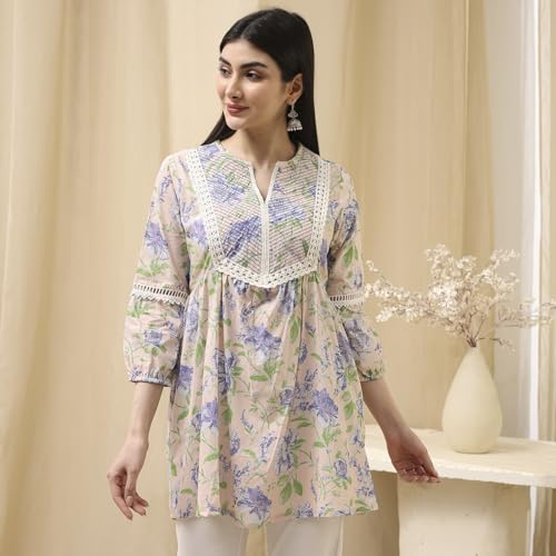 Image of BIBA Women Cotton Straight Fit A Line Printed Kurti