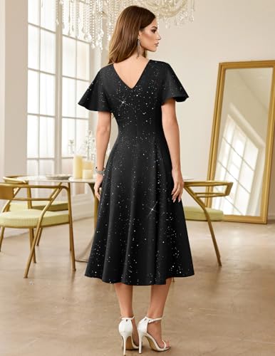 HomRain Women's Black Midi Cocktail Dress Semi Formal Sequin Mother of The Bride A-Line Flare Sleeve Boat Neck Dresses Holiday Wedding Guest Black S — view 2