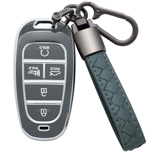 Costusn for Hyundai Key Fob Cover with Leather Keychain Soft TPU Full Protection Key Case Shell Holder Compatible with 2024 2023 2022 2021 Sonata Santa fe Tucson 5 Button B-Gray