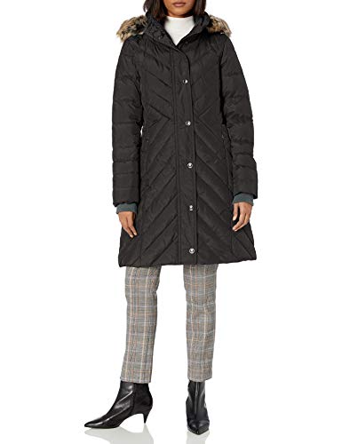 LONDON FOG Women's Chevron Down Quilting with Removable Hood, Black, Medium