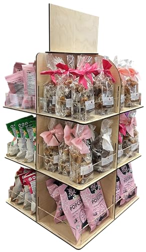Versatile 4-Sided Rotating Display Stand for Candy, Snacks, Jams, Produce and More - Ideal for Craft Shows, Farmers Markets, and Retail Stores - 12 Shelves, Heavy-Duty Design, Easy Setup (Natural)