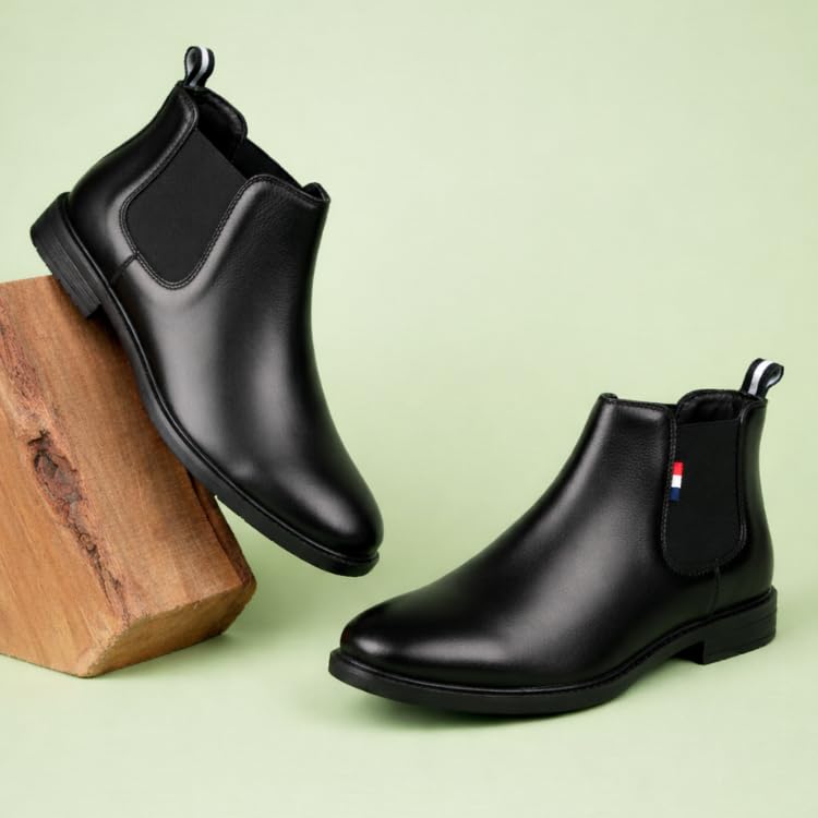 Image of Chelsea Boots for Men Wrinkle Free Smooth Upper Slip On Ankle Boots, Classic Black Stylish Boots for Casual, Party & Office Outfits