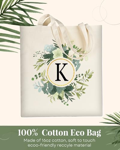 Image of AUSVKAI Canvas Tote Bag for Women, Cute Aesthetic Leaf Initial Trendy Cotton Reusable Personalized Birthday Bags