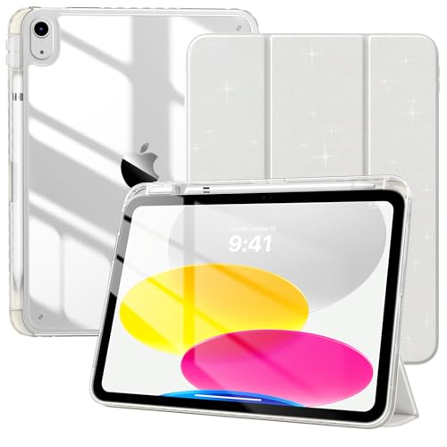 TiMOVO Case for iPad (A16) 11th Generation 11 Inch 2025, iPad 10th Generation Case 10.9 Inch 2022 with Pencil Holder,Slim Protective Cover with Clear Back Shell,Auto Wake/Sleep, Glitter White