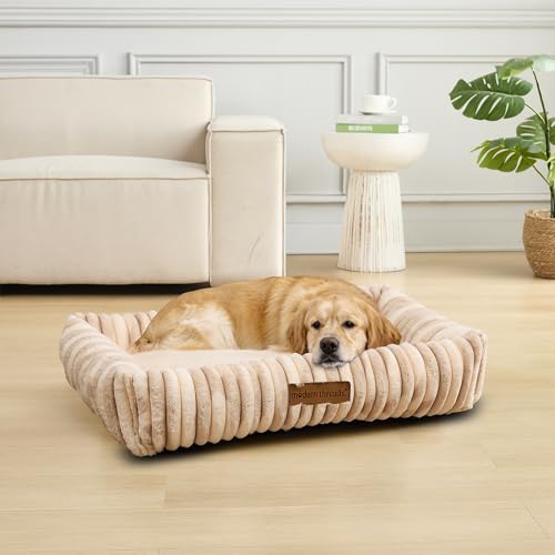 Image of Modern Threads Ribbed Plush Two-Tone Cuddler Dog Bed, Ultra-Soft Faux Rabbit Fur, Supportive Bolstered Sides, Removable Washable Cover, Bed for Medium to Large Dogs, Cream, (34 inch L x 25 inch W x 9 inch Th)