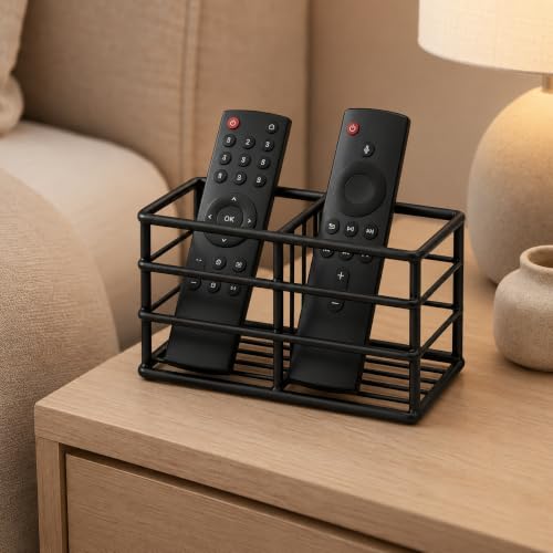 Image of Craft Mshopr Black Iron Remote Control Holder Rack, 2 Compartment TV Remote Organizer, Tabletop Remote Storage Stand for Living Room, Bedroom, Desk & Bedside, 6.75 x 3.25 x 4.5 Inches