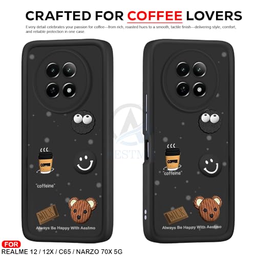 Image of AESTMO Back Case Cover for Realme 12X / 12 / C65 / Narzo 70X 5G | Cute Fun Cartoon 3D Ball | Coffee Silicone Case | Full Body Protection | Camera Protection Back Cover (Black)