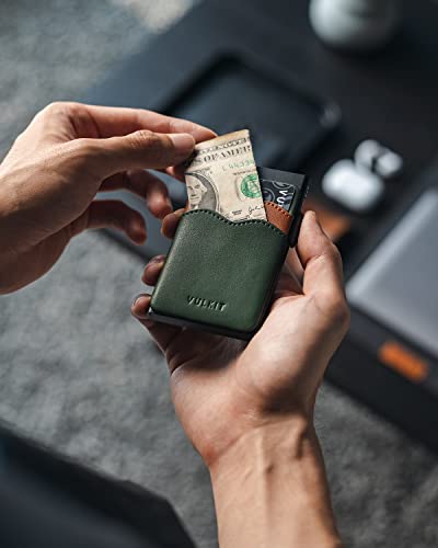 Image of VULKIT Credit Card Holder Minimalist Slim Pop Up Wallet with Leather Slots RFID Blocking for Men and Women Holds 7 Cards and Notes Green