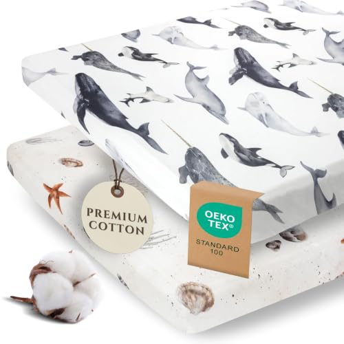 Image of Pobibaby 2 Pack Pack N Play Sheets for Boys - Premium Cotton Blend Fitted Playard Sheet, Soft Breathable Mini Crib Sheets Boy, Playpen Mattress Cover for Standard Travel Playards 38x26 (Seaside)