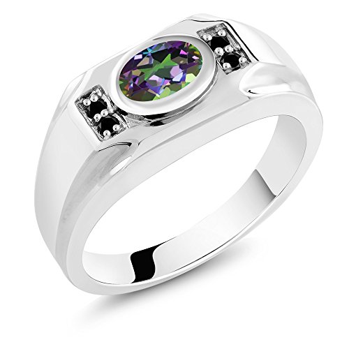 Gem Stone King Men's 925 Sterling Silver Green Mystic Topaz and Black Diamond Ring (1.73 Cttw, Gemstone Birthstone, Oval 8X6MM, Available In Size 7, 8, 9, 10, 11, 12, 13)