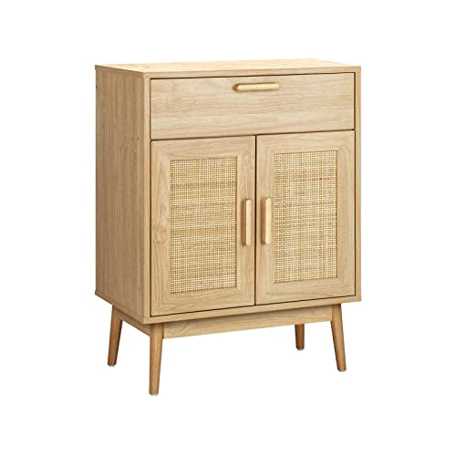 OIKITURE Sideboard Buffet Cabinet - with Drawer & 2 Adjustable Shelves, Storage Cabinet 2 Rattan-Decorated Doors for Kitchen Living Room Dining Room