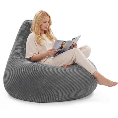 GIANTEX 3FT Bean Bag Chair for Adults, Accent Lazy Sofa with Skin-Friendly Corduroy Cover & Soft Sponge Filling, Comfy Floor Lounger for Living Room, Bedroom, Guest Room (Dark Grey)
