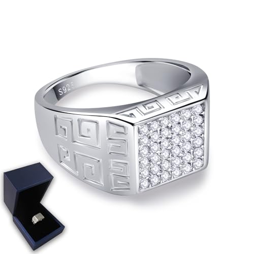 Sterling Silver Rings S925 Silver Men's Ring Men's Wedding Rings with 36 Sparkling Zircons – Square Shape & Ancient Greek Patterns Style