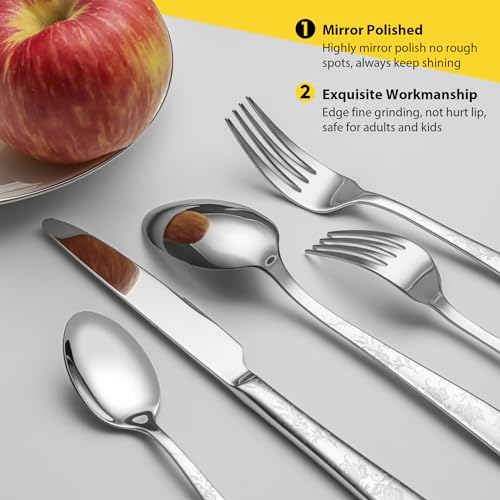 Image of 40 Piece Silverware Set, Service for 8, EIUBUIE Premium Stainless Steel Cutlery Set, Mirror Polished Flatware Sets with Pattern Handle, Modern Kitchen Eating Utensils Sets