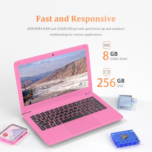 Image of JUSTTHINK 11.6'' Pink Laptop with Wireless Mouse, Inter Processor up to 2.6GHz, 8GB RAM, 256GB SSD, Windows 11, Long Battery Life, Ultral Light Laptop for Students and Business