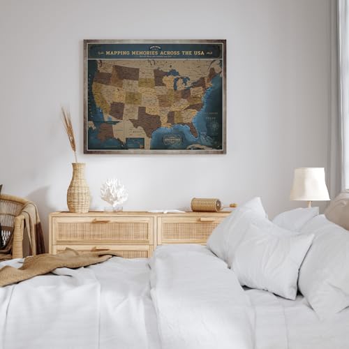 Image of DECORARTS - USA Push Pin Travel Map, Vintage Explorer-Style Canvas Wall Art in Blue, Archival Giclee Print, Hand-Stretched Canvas, Living Room & Office Wall Decor, for Travelers, Made in USA, 20x16''