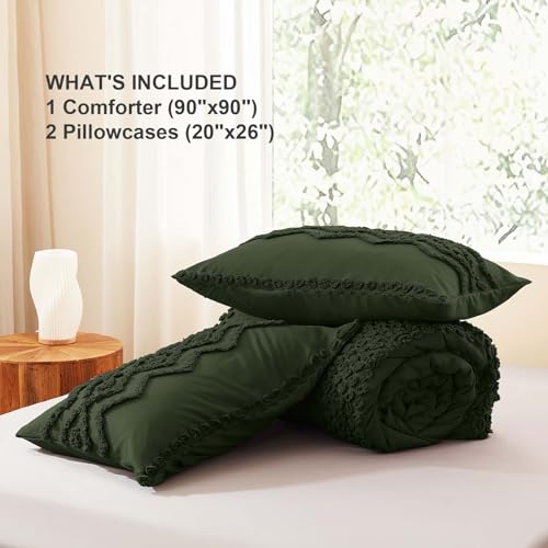 Image of Luxudecor Olive Green Boho Tufted Comforter Set Queen Size 3 Pieces Boho Shabby Chic Comforter Farmhouse Embroidery Bedding Set Soft Comforter for All Seasons (Olive Green, 90''x90'')