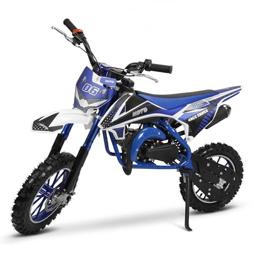 50cc Kids Dirt Bike 2-Stroke Mini Dirt Bike Gas Bike for Kids & Adults Motocross Off-Road Tires Shock Absorption Springs Pit Bikes Speeds Up to 40 KM/H motos para nios gasolina (Blue-White)
