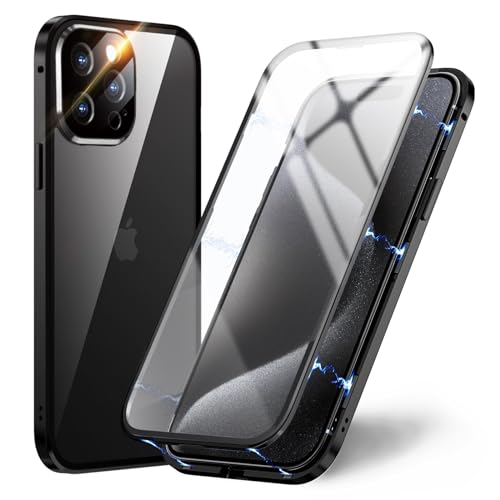 OMGZONE Magnetic Case for iPhone 15 Pro Max Full Body Cover,Screen Protector built-in Transparent Tempered Glass and Camera Protector,360 Degree Metal Bumper Case for iPhone 15 Pro Max,Clear Black