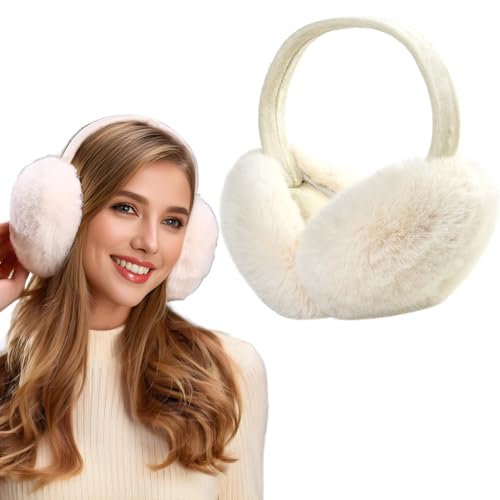 Dwenarry Winter Ear Muffs for Women Faux Fur White Earmuffs Foldable Ear Warmers Ladies Covers for Cold Weather 1Pack